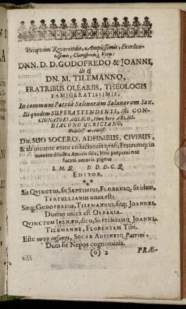 Perquam ... D Godofredo & Joanni ... ut & Dn. M. Tilemanno, Fratribus Oleariis, Theologis