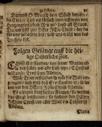 Folgen Gesänge auff die heilige Oesterliche Zeit.