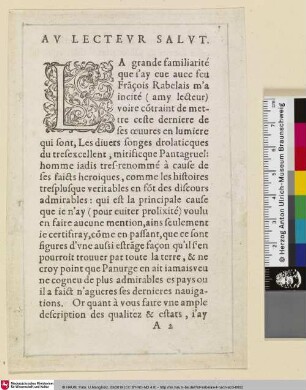 Rabelais, Les Songes Drolatiques de Pantagruel: Au Lecteur Salut