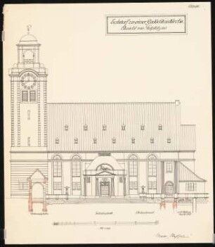 Gedächtniskirche mit Gedenkhalle Schinkelwettbewerb 1920: Südansicht der Kirche mit Gedenkhalle 1:100