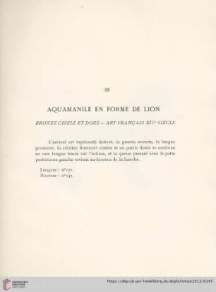 Aquamanile En Forme De Lion (Bronze ciselè et doré XIIe siècle)