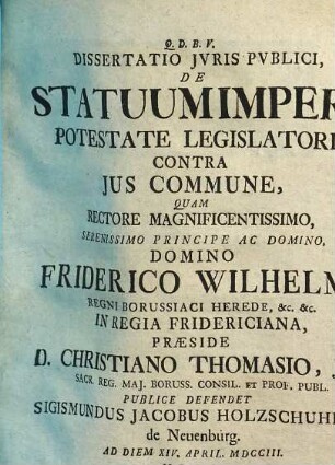 Dissertatio jvris pvblici, de statuum Imperii potestate legislatoria contra jus commune