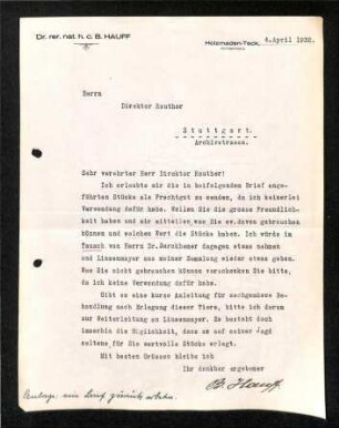 Schreiben Hauff an Rauther bezüglich Sammlungsstücke