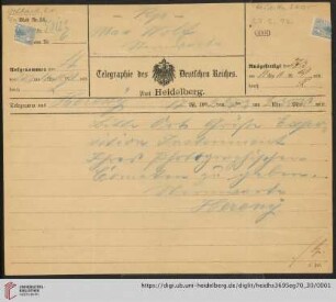 Briefe von Eugen von Gothard an Max Wolf: Telegramm von Eugen von Gothard an Max Wolf