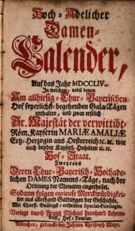 Hochadelicher Damen-Kalender. 1754