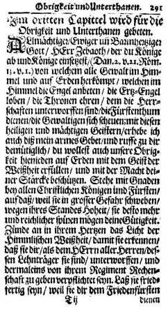 Im dritten Capittel wird für die Obrigkeit und Unterthanen gebeten.