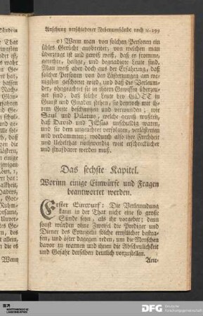 Das sechste Kapitel. Worinn einige Einwürfe und Fragen beantwortet werden.