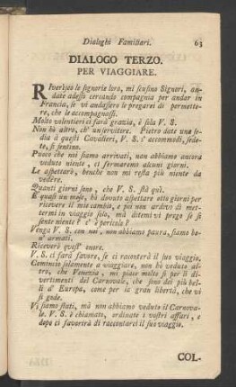 Dialoghi Familiari. Dialogo Terzo. Per Viaggiare