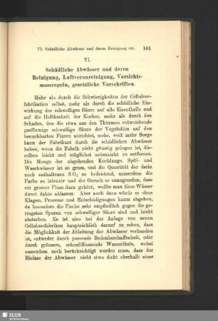 VI. Schädliche Abwässer und deren Reinigung, Luftverunreinigung, Vorsichtsmassregeln, gesetzliche Vorschriften