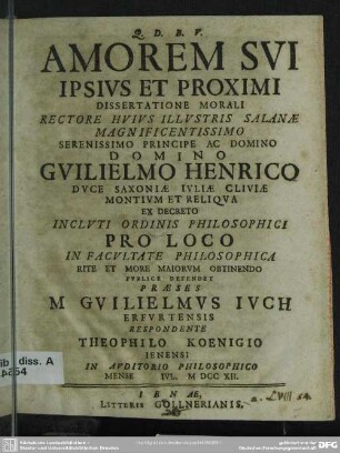 Amorem Sui Ipsius Et Proximi Dissertatione Morali ...