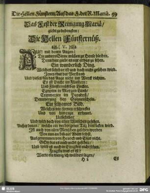 Das Fest der Reinigung Mariä, giebt zu bedencken: Die Hellen Fünsternüß