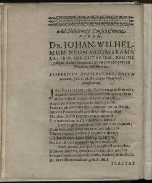 Ad Nobilem & Consultißimum Virum Dn. Johan-Wilhelmum Neumarium a Ramsla [...]