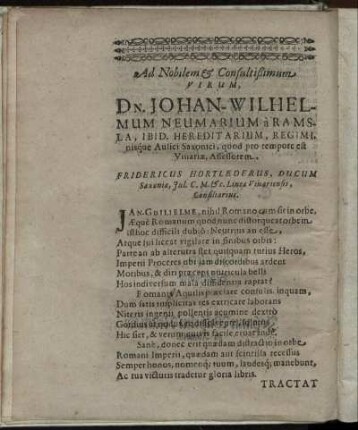 Ad Nobilem & Consultißimum Virum Dn. Johan-Wilhelmum Neumarium a Ramsla [...]