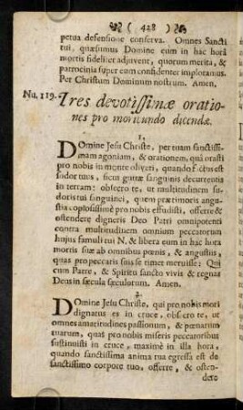 428-440, Num.119. Tres devotissimae orationes pro moribundo dicendae. - Num.122. Patris spiritualis ultima benedictio super agonizantem.