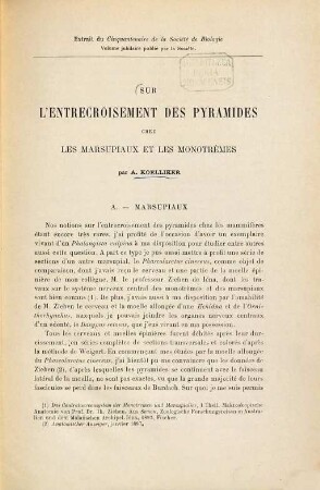 Sur l‛entrecroisement des pyramides chez les Marsupiaux et les Monotrèmes par Albert Koelliker : Extrait du Cinquantenaire de la Société de Biologie