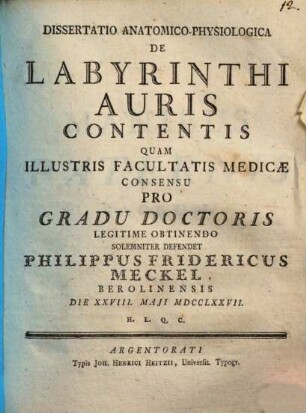 Dissertatio Anatomico-Physiologica De Labyrinthi Auris Contentis
