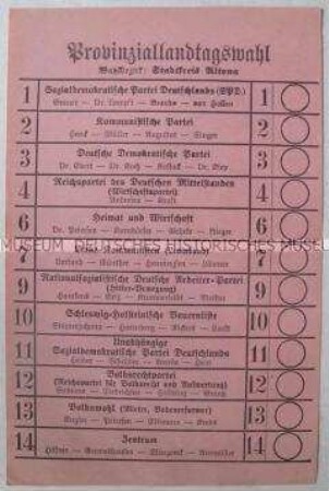 Stimmzettel zu einer Landtagswahl für den Wahlbezirk Hamburg-Altona