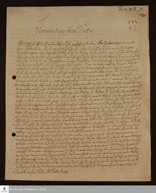 Brief von Johann Ernst Bergmann an Georg Christian Knapp über den geistlichen Zustand Ebenezers, seinen sozialen Status und seine Kontakte zu anderen christlichen Religionsgemeinschaften.