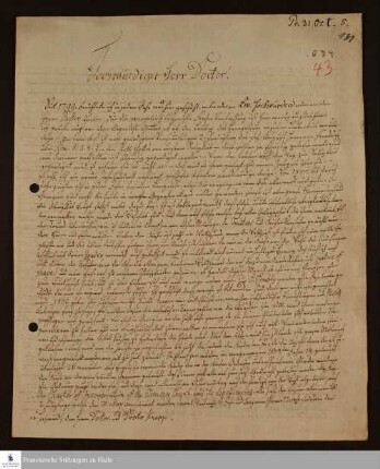 Brief von Johann Ernst Bergmann an Georg Christian Knapp über den geistlichen Zustand Ebenezers, seinen sozialen Status und seine Kontakte zu anderen christlichen Religionsgemeinschaften.
