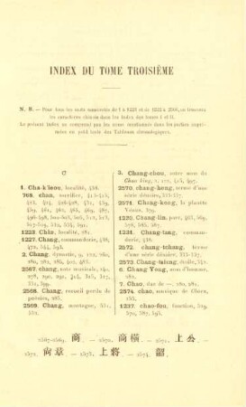 Index du tome troisième