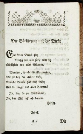 Die Gärtnerinn und die Biene. - Die Amsel und die Nachtigall.
