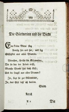 Die Gärtnerinn und die Biene. - Die Amsel und die Nachtigall.