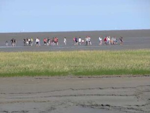 Wattenmeer vor der Nordseeinsel Baltrum : Menschen wandern im Wattenmeer vor der Nordseeinsel Baltrum, aufgenommen 2004