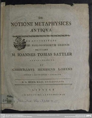 De Notione Metaphysices Antiqua