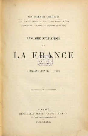 Annuaire statistique de la France. 12. 1889