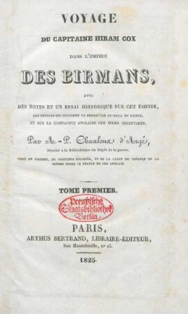 T. 1: Voyage du capitaine Hiram Cox dans l'empire des Birmans