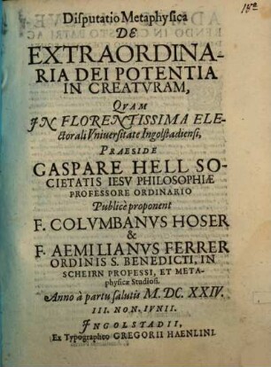 Disputatio Metaphysica De extraordinaria Dei Potentia In Creatvram