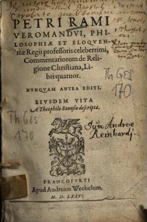 Commentariorum de Religione Christiana, Libri quatuor : Nonqvam antea editi ; Eiusdem vita a Theophilo Banofio descripta