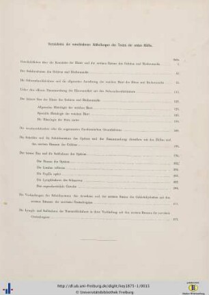 Verzeichniss der verschiedenen Abtheilungen des Textes der ersten Hälfte.