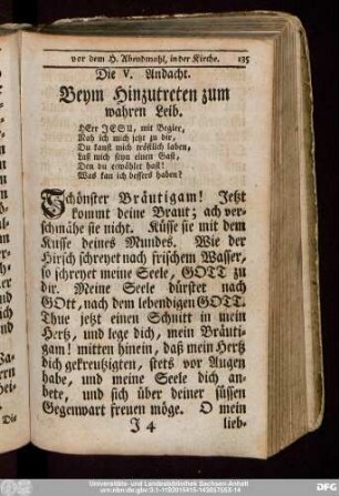 Die V. Andacht. Beym Hinzutreten zum wahren Leib.