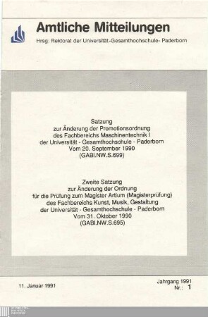 Satzung zur Änderung der Promotionsordnung des Fachbereichs Maschinentechnik I der Universität - Gesamthochschule - Paderborn : vom 20. September 1990 (GABL.NW.W.699)