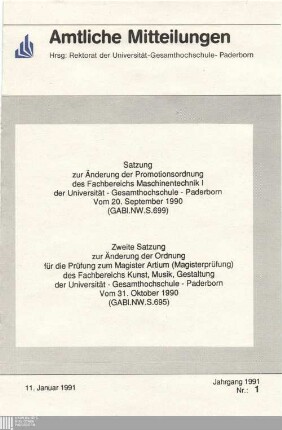 Satzung zur Änderung der Promotionsordnung des Fachbereichs Maschinentechnik I der Universität - Gesamthochschule - Paderborn : vom 20. September 1990 (GABL.NW.W.699)