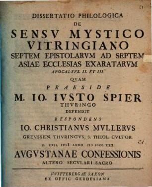 Diss. philol. de sensu mystico Vitringiano septem epistolarum ad septem Asiae ecclesias exaratarum, apocal. II. et III.