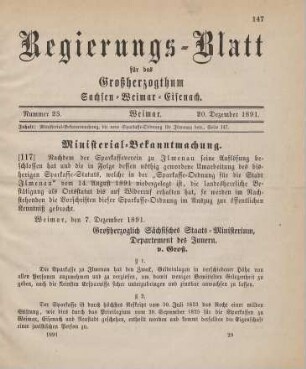117. Ministerial-Bekanntmachung, die neue Sparkasse-Ordnung für Ilmenau betreffend