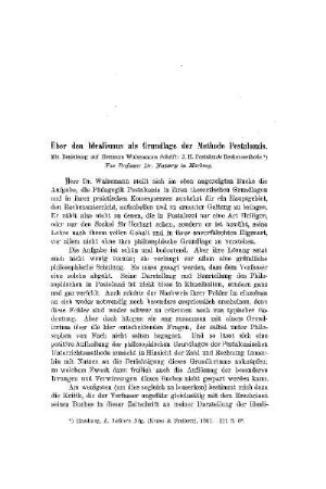 Über den Idealismus als Grundlage der Methode Pestalozzis : mit Beziehung auf Hermann Walsemanns Schrift: J. H. Pestallozis Rechenmethode
