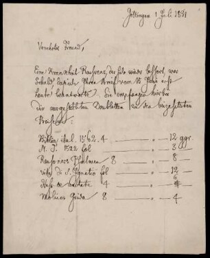 Brief von Jacob Grimm an August Friedrich Ernst von Arnswaldt