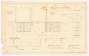 Haus Jansen, Berlin-Grunewald: Außenanlagen, Eingangstor: Aufriss Vorderfront, Seitenfront, Grundriss Seitenfront 1:20, Profile Vorder- und Seitenfront 1:1