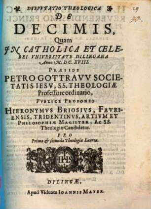 Dispvtatio Theologica De Decimis