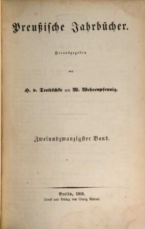 Preußische Jahrbücher. 22, 22. 1868