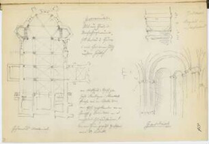 St. Jakob und Dionysius, Gadebusch: Grundriss, Perspektivische Innenansicht, Detail (aus: Skizzen- und Fotoalbum 9)