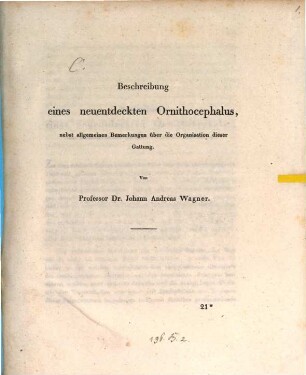 Beschreibung eines neuentdeckten Ornithocephalus : nebst allgemeinen Bemerkungen über die Organisation dieser Gattung