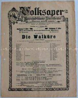 Theaterprogramm der Volksoper des Kaiserjubiläums- Stadttheater zur Oper "Die Walküre"