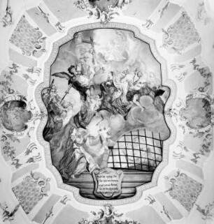 Christi Hilfe für die Seelen im Fegefeuer : Christi Hilfe für die Seelen im Fegefeuer. Deckenmalerei (1769; J. Anwander). Jettingen-Scheppach, Seelenkapelle Sankt Michael