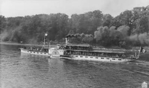 Elbedampfer Königstein : Personen-Seitenraddampfer "Königstein" (1915, Werft Laubegast). Schrägansicht auf Fahrt vor der Elbinsel bei Dresden-Pillnitz