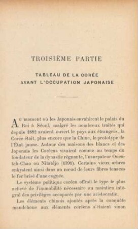 Troisième partie. Tableau de la Corée avant l'occupation japonaise