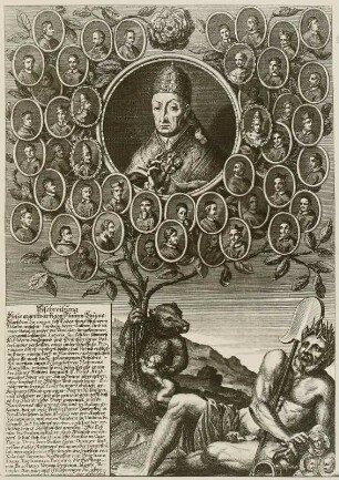 Stammbaum der Familie Orsini: Porträts wohl mit Papst Coelestin III. (Jacinto Orsini) in der Mitte